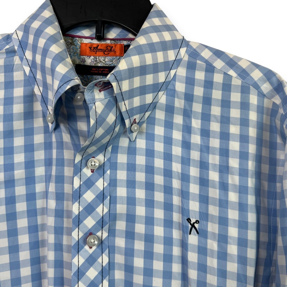 Marc Ecko Well Hung Medium Blue White Gingham Plaid Floral Cuffs Long Sleeve